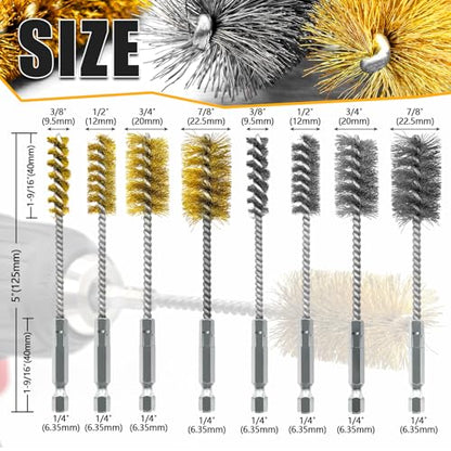 8 Pcs Bore Brush Set - 304 Stainless Steel & Brass Drill Wire Bore Cleaning Brushes with 1/4" Hex Shank for Power Drills Ports Tubes Bearings Cleaning Parts, 3/8'' 1/2'' 3/4'' 7/8''