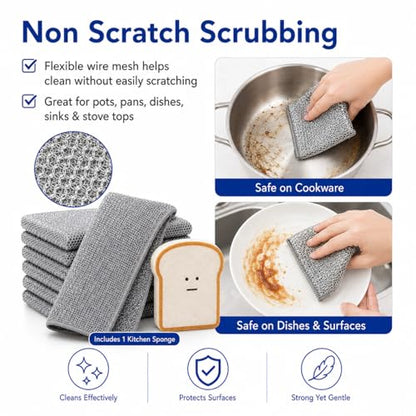Non Scratch Wire Dishcloths 6 Pack with Kitchen Sponge | 6 wire dishcloths plus 1 sponge for dishes, pots, pans, sinks, stovetops, counters, and daily kitchen cleaning. - color: 6+1 Set