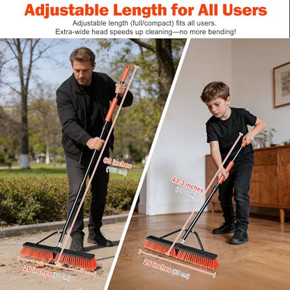 JEHONN 24” Wide Push Broom Outdoor Heavy Duty with 63 inches Long Handle, Stiff Bristle Commercial Industrial Brush for Garage Warehouse Shop Garden Patio Deck Yard Street (Red)