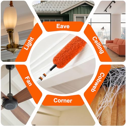 SISUPASSIE 20FT Reach High Ceiling Duster Kit, Window Cleaning kit with 3-12FT Extension Pole, Fan Duster for Ceiling Fan Blades, Microfiber Feather Duster, Window Squeegee, Bucket and Cobweb Duster - size: 12FT