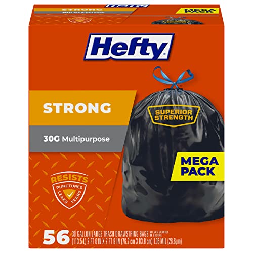 Hefty Strong 30 Gallon Trash Bags, Large Trash Bags 30 Gallon Size, Durable Drawstring Enclosure, Resists Punctures, Leaks, and Tears, Black, Unscented, 56 Bags - size: 56 Count (Pack of 1)