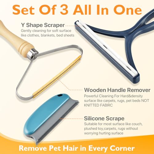 Pet Hair Removal Tool 3 Pack Dog Cat Hair Remover Carpet Scraper Rake Fur Removal Brush Lint Remover Shaver for Car Furniture Couch - color: Blue