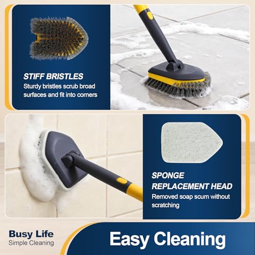 Yocada Tub Tile Scrubber Brush 2 in 1 Cleaning Brush Telescopic Pole Stiff Edge Bristles 4*Scouring Pads for Bathroom Shower Floor Corner Cleaning Non Scratch 58.2"