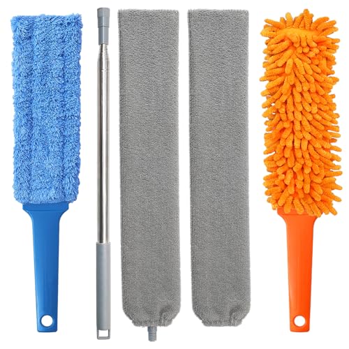 Gap Cleaning Feather Duster - 1 Pack 100 inch Telescoping Gap Dust and 2 Pack 15 inch Gap Cleaning Hand Dusters, Microfiber Feather Duster for House Hold