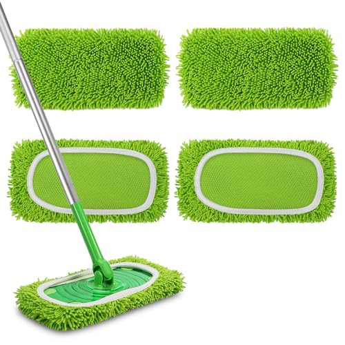 Set of 4 Reusable Microfiber Mop Pads Compatible with Swiffer Sweeper, Dry Sweeping Cloths, Washable Wet Mopping Cloth Refills for Floor Cleaning (Mop is Not Included) (4 Pack, Green) - color: Green