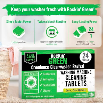 Rockin' Green Deep Cleaning and Deodorizing Tablets for Dishwashers, Washing Machines, and Garbage Disposals, Removes Odor and Residue (Washing Machine Cleaning Tablets, 24 Pack) - size: 1 Count (Pack of 24), style: Washing Machine Cleaning Tablets