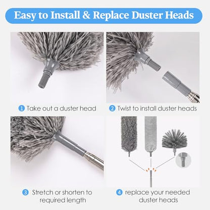 Cobweb Duster with Extension Pole, Washable Cleaning Microfiber Feather Duster 5-in-1 Kit with 3 Duster Heads, 100'' Bendable Extendable Long Duster for High Ceilings, Fans, Blinds, Furniture & Car - size: 5PCS: Cobweb Brush & Gap Duster & Gloves Set