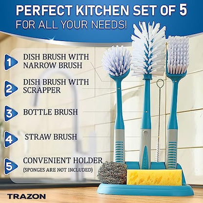 Dish Brush Set of 5 with Convenient Holder, Bottle Water Brush, Dish Scrub Brush, Scrubber Brush and Straw Brush - Kitchen Scrub Brushes Non Slip Long Handle for Sink Dishes Cup Pot - color: Blue, Set of 5 With Holder