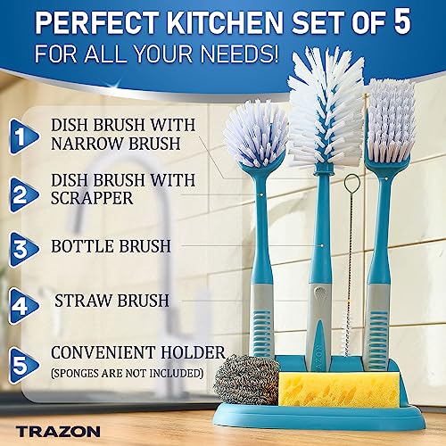 Dish Brush Set of 5 with Convenient Holder, Bottle Water Brush, Dish Scrub Brush, Scrubber Brush and Straw Brush - Kitchen Scrub Brushes Non Slip Long Handle for Sink Dishes Cup Pot - color: Blue, Set of 5 With Holder