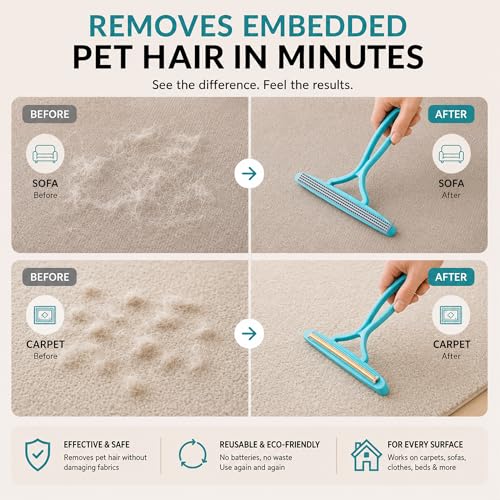 2 Pack Set Pet Hair Removal Tool – Dual-Head Copper & Plastic Scraper for Carpet, Furniture & Car, Reusable Lint Remover for Embedded Dog & Cat Hair - color: Sapphirine