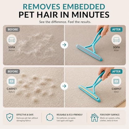 2 Pack Set Pet Hair Removal Tool – Dual-Head Copper & Plastic Scraper for Carpet, Furniture & Car, Reusable Lint Remover for Embedded Dog & Cat Hair - color: Sapphirine