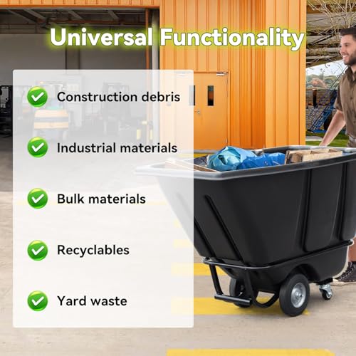 Tilt Dump Truck 850 lbs Capacity, 1/2 Cu.Yd Heavy Duty Trash Cart with Wheels, Forklift-Able Frame, Plastic Utility Dump Cart for Construction, Warehouse & Industrial Use (4-Pack) - size: 4PC