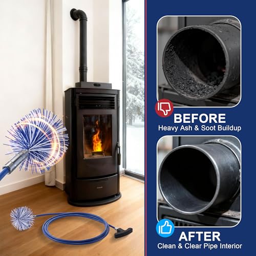 Dreyoo Pellet Stove Cleaning Brush Kit, 10 FT Flexible Steel Rod with 3" & 4" Brush Head, T Handle, Multi Purpose Flue Detail Cleaner, Nylon Stove Flue Pipe Kit for Pellet Furnace Exhaust Pipes - size: 10FT with 3" & 4" Brush Heads