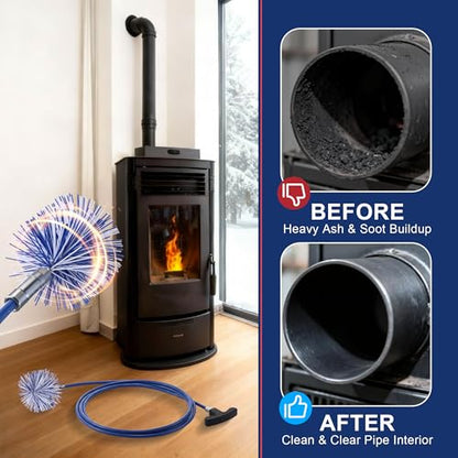 Dreyoo Pellet Stove Cleaning Brush Kit, 10 FT Flexible Steel Rod with 3" & 4" Brush Head, T Handle, Multi Purpose Flue Detail Cleaner, Nylon Stove Flue Pipe Kit for Pellet Furnace Exhaust Pipes - size: 10FT with 3" & 4" Brush Heads