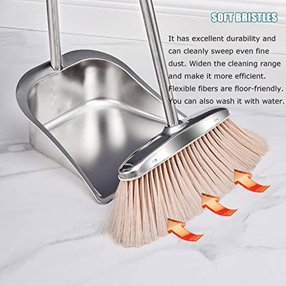Broom and Dustpan Set for Home, Stainless Steel Broom and Dustpan Set with Long Handle, Heavy Duty Dustpan Broom Set Upright Standing Dust Pan Kitchen and Home Indoor Outdoor
