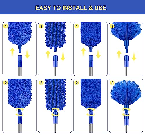 Dusters for Cleaning, Newliton Duster with Extension Pole Microfiber Ceiling Fan Cobweb Duster, Long Duster for High Ceilings Wall Refrigerator Appliance Baseboard Home Furniture Blinds - color: Blue