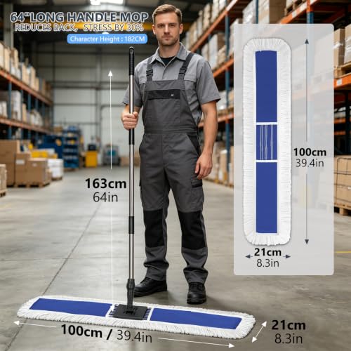 Masthome 39" Commercial Dust Mop with 64" Long Handle, Heavy Duty Wet Dry Floor Mop with 2 Reusable Microfiber Pads, 360° Rotating Industrial Mop for Hardwood Tile Marble Warehouse Gym Office Home - color: Extra Large Blue