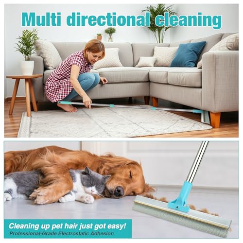 Double-Sided Pet Hair Removal Tool,Adjustable Height Carpet Pet Hair Removal Silicone Broom,Dog Cat Hair Remover Broom for Carpets, Floor Mats,Couch,Floor Squeegee (Blue Carpet Rake) - color: Blue Carpet Rake