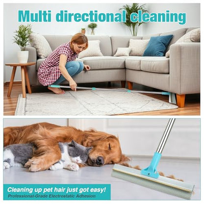 Double-Sided Pet Hair Removal Tool,Adjustable Height Carpet Pet Hair Removal Silicone Broom,Dog Cat Hair Remover Broom for Carpets, Floor Mats,Couch,Floor Squeegee (Blue Carpet Rake) - color: Blue Carpet Rake