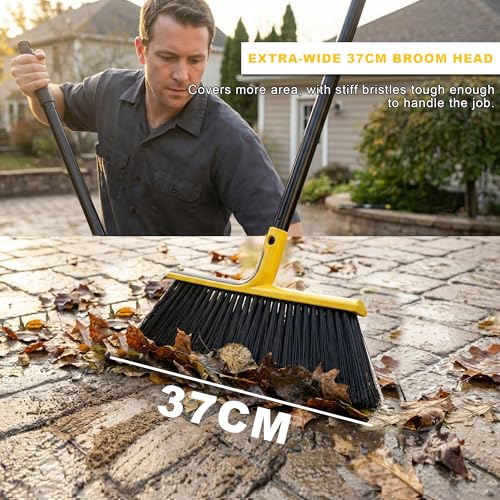 Large Angle Brooms Indoor Outdoor Broom with Long Handle Stiff Bristle Sweeper for Kitchen Garage Deck Courtyard Lobby Patio Lawn Leaves (Yellow) - color: Yellow