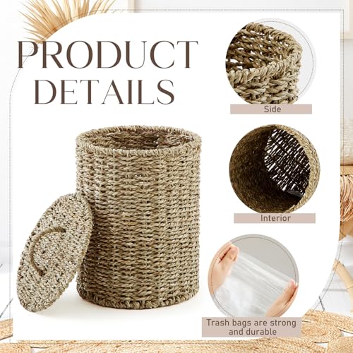 Ctosree 1.3 Gallons Small Trash Can with Lid Handle Boho Woven Braided Bathroom Waste Basket Trash Can with 100 Garbage Bags for Bedroom Office Laundry(Primary Color,Braided Straw Rope,Round) - color: Primary Color, style: Braided Straw Rope