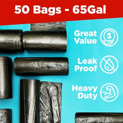 ToughBag 65 Gallon Commercial Trash Bags, 50x60” Large Black Outdoor Garbage Bags, Heavy Duty (50 Count) –For Custodians, Landscapers, Contractors, and Toter Liner, Made In USA