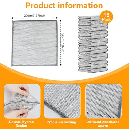 15PCS Multipurpose Wire Dishwashing Rag,Non Scratch Wire Dishcloth, Reusable Steel Wool Scrubber,Non-Scratch&Quick-Drying&Odor-Resistant Multi-Purpose for Kitchen,Bathroom Cleaning (15)
