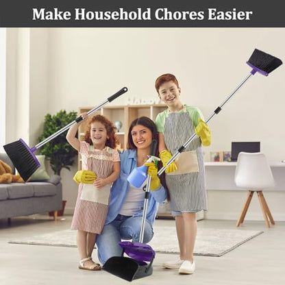 Broom and Dustpan Set, 51" Long Handle Broom with Dustpan Combo Set, Windproof and Self-Cleaning Teeth, Purple Household Dust Pan Set Sweep Kitchen Office Lobby Pet Room - color: Purple