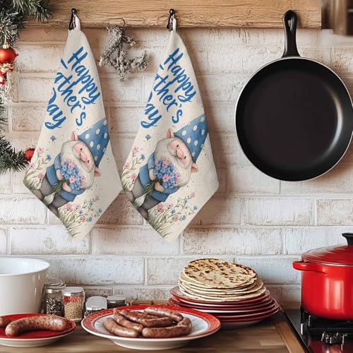 Happy Father's Day Kitchen Towels Set, Ultra Absorbent Dish Towels Quick Drying Microfiber Hand Towel Decorative Large Blue Gnomes Rustic Garden Floral Tea Towel Dishcloths for Kitchen 18"x28" - size: 1 Pack