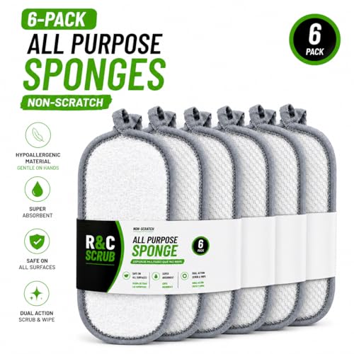 Sponges Kitchen Dish Dual-Sided Sponge for Washing Dishes Cleaning Kitchen, All-Purpose, 6 Pack, Non Scratch, Rough Scrubbers Side for Non-Stick Cookware, Soft Microfiber Scrub Side for Dishes