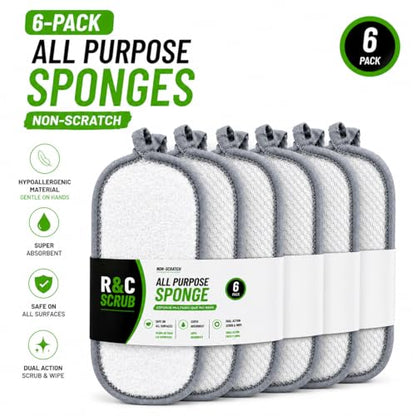 Sponges Kitchen Dish Dual-Sided Sponge for Washing Dishes Cleaning Kitchen, All-Purpose, 6 Pack, Non Scratch, Rough Scrubbers Side for Non-Stick Cookware, Soft Microfiber Scrub Side for Dishes
