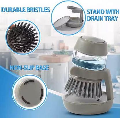 Soap Dispenser Palm Dish Brush with Storage Bracket – Drainage Base, Easy-to-Clean Kitchen Utensil Cleaner | Includes Extra Soft Bristle Brush Head (Gray) - color: Gray