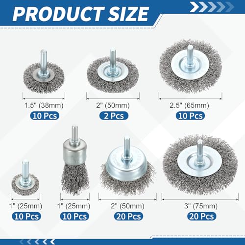 Wire Brush for Drill Set 82Pack, Crimping Steel Wires 0.012" (Carbon Steel) Wire Wheel Cup Pen Brush Drill with 1/4" Round Shank - for Rust, Cleaning, Deburring on Cast Iron - size: 1/1.5/2/2.5/3in