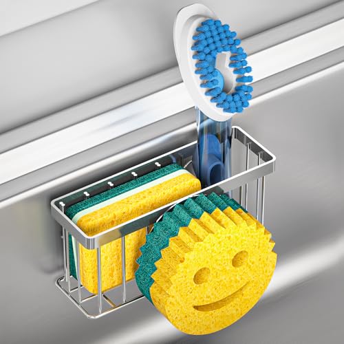 MURLONG Sponge Holder Smiley Face,Sink Caddy for Kitchen Sink,Sponge Holder with 2 PCS Suction Cups/1 PCS Adhesive Strips,Designed for Sponge,Soap,Dish Brush,Scrubber-Silver - color: Silver