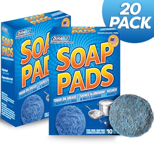 SCRUBIT 20 PK Steel Wool Soap Pads - [Updated Not-Kosher!] - Metal Scouring Cleaning Pads for Dishes, Pots and Ovens - Pre-Soaped scrubbing Pads for Easy Cleaning of Tough Kitchen Grease and Oil
