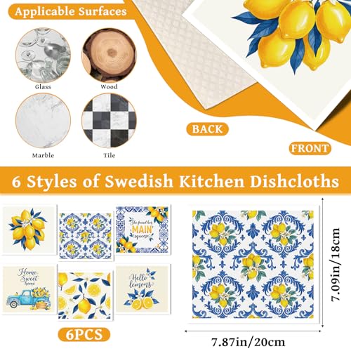 Lemons Swedish Dishcloths for Kitchen, 6 Pack Reusable Tiles Lemons Sponge Cleaning Cloths, Absorbent Dish Cloths Towels Wipes for Summer Kitchen Cooking Home Decoration Housewarming Gifts - style: Lemons