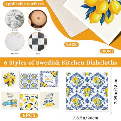 Lemons Swedish Dishcloths for Kitchen, 6 Pack Reusable Tiles Lemons Sponge Cleaning Cloths, Absorbent Dish Cloths Towels Wipes for Summer Kitchen Cooking Home Decoration Housewarming Gifts - style: Lemons