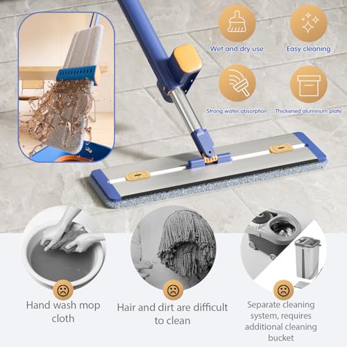16.5" Self Wringing Flat Mop with Collapsible Bucket, Wet Dry Floor Cleaner System with 55" Long Handle, Foldable Bucket & 5 Microfiber Pads for Hardwood, Tile and Wall - size: New Mop & 5 microfiber mop pads & Folding bucket