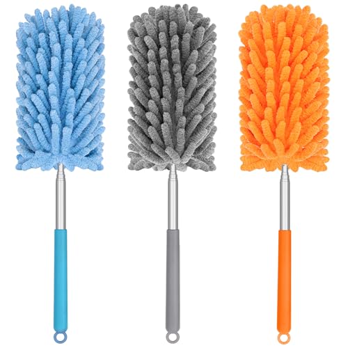 Mini Duster for Cleaning, 360° Bendable Hand Dusters with Extension Pole, Washable Small Duster for Car Interior, Office, Furniture - color: 3 Pack Blue Grey Orange