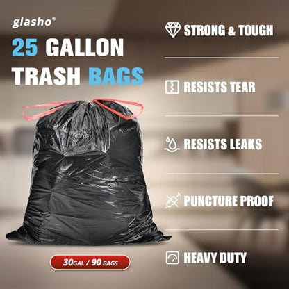 25 Gallon Trash Bags with Drawstring, 90 Count, Black | Heavy Duty, Large Capacity, Strong Plastic Liners Garbage Bags for Kitchen, Yard, Industrial, Commercial