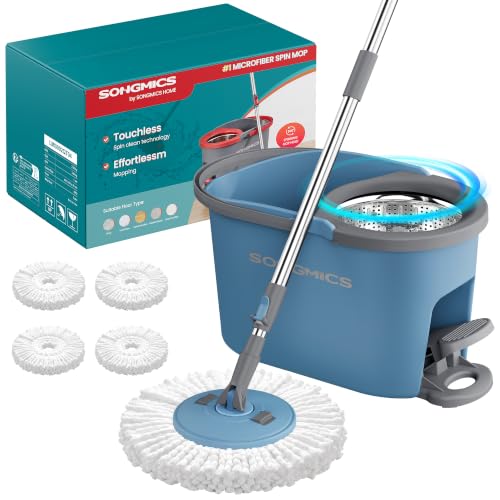 SONGMICS Spin Mop and Bucket Set with Pedal Wringer, Floor Cleaning Mop, Adjustable Telescopic Handle, Max. 59.1-Inch Length, 360° Rotating Head, 4 Microfiber Pads, Blue and Gray ULMB002QT04 - color: Blue + Gray, size: 4 Pads