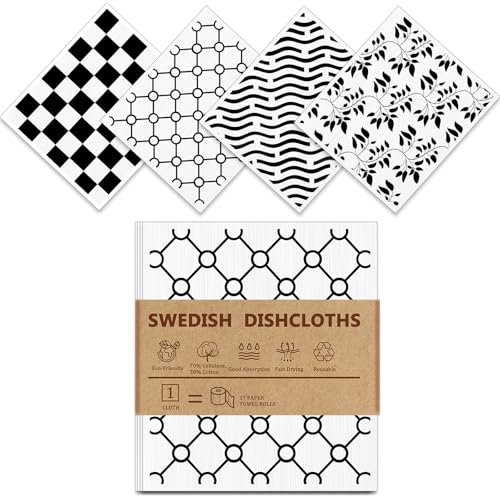 Swedish Dish Cloths 4 Pack, Washable Biodegradable Scratch & Odor Free Reusable Towel Alternatives, Safe for Non-Stick, Steel & Glass, Absorbent Cellulose Cloths for Dishes & Spills - color: Geometric