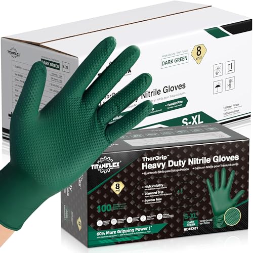 TitanFlex Heavy Duty Industrial Nitrile Gloves with Raised Diamond Texture, 8-mil, Latex Free (Green/Dark Green/Yellow) - color: 06 Dark Green (1000ct), size: Medium