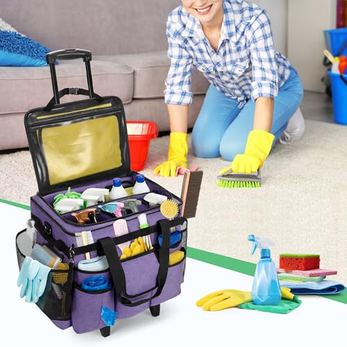 LoDrid Rolling Cleaning Caddy with Lid, Cleaning Supplies Organizer with Detachable Trolley, Cleaning Caddy Cart on Wheels with Handle and Shoulder Strap for Housekeepers, Purple, Bag Only - color: Purple