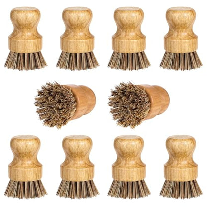 12 Packs Bamboo Dish Scrub Brush Wooden Washing Scrubbers with Sisal Bristles Kitchen Palm Pot Brush Round Mini Dish Brushes for Household Iron Pot Pan Sink Sink Vegetables Cleaning (Brown) - color: Brown