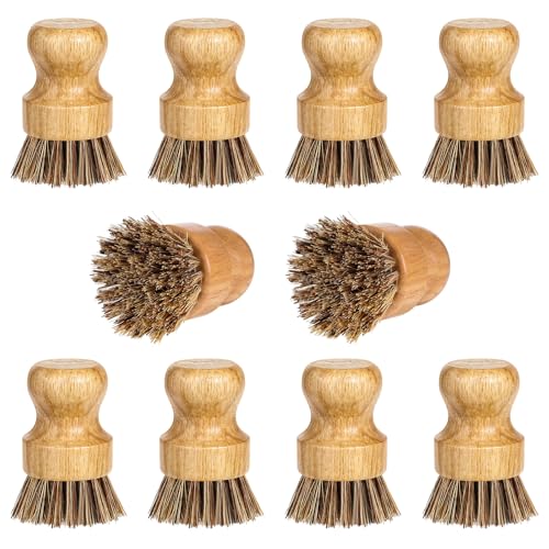 12 Packs Bamboo Dish Scrub Brush Wooden Washing Scrubbers with Sisal Bristles Kitchen Palm Pot Brush Round Mini Dish Brushes for Household Iron Pot Pan Sink Sink Vegetables Cleaning (Brown) - color: Brown