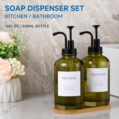 Glass Soap Dispenser with Pump, Dish and Hand Soap Dispenser for Kitchen Bathroom Set, Clear Glass Dispenser Set of 2 Pack with 18 Stickers Funnel Bamboo Tray 500ml 18oz Green - color: Glass Olive Green