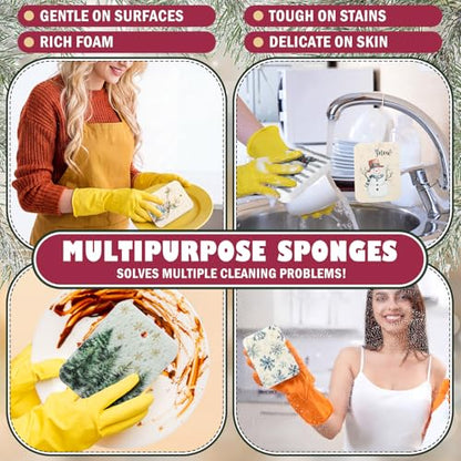 Hahafelt 36 Counts Compressed Cellulose Sponges Bulk Pop up Farmhouse Christmas Pattern Natural Kitchen Compostable Non Scratch Dish Sponges for Washing Dishes, Cleaning Countertop Sink - style: Farmhouse Christmas