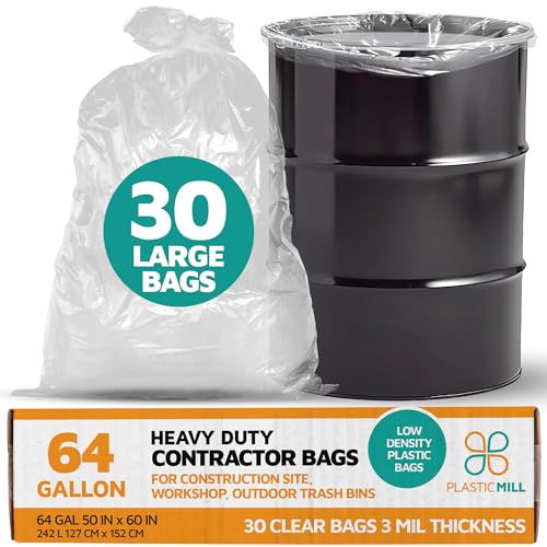 PlasticMill Contractor Bags Heavy Duty - Commercial, Industrial Garbage Bags - Clear Construction Trash Bags - Outdoor, Garden Trash Bags, 64-Gallon, 3 Mil, 50"x60" (30-Count)