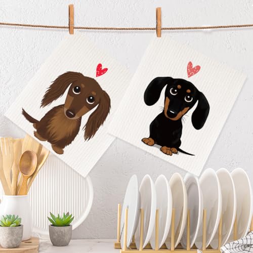 2 Pcs Cute Dachshund Swedish Dishcloths, Adorable Heart Swedish Dishcloths for Kitchen Home, Absorbent Cellulose Sponge Cloths Cleaning Towels, Reusable Paper Towels Dog Lover Gifts for Women - color: Sz 1936